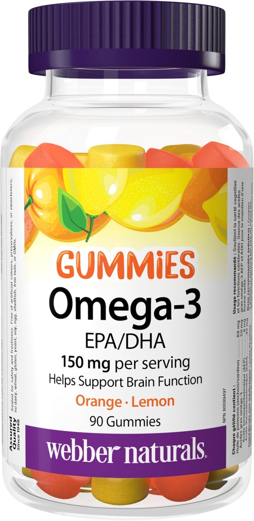 Webber Naturals Omega-3 Gummies 50 mg EPA/DHA · EPA/DHA, Arancione · Ciliegia · Limone, 90 Gummies