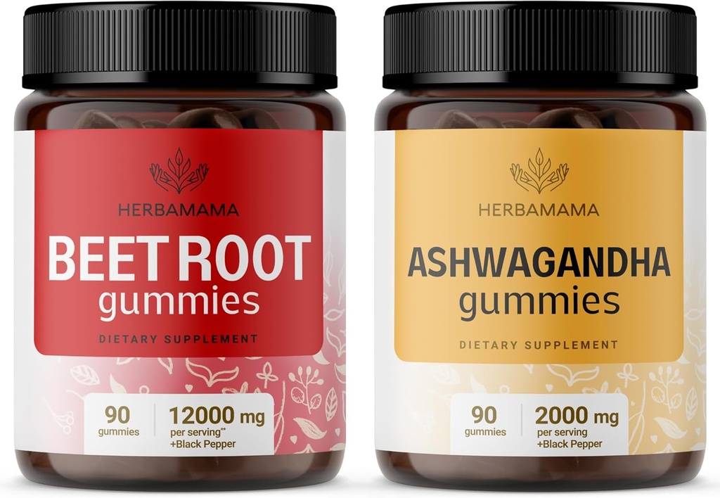 HERBAMAMA Beet Root e Ashwagandha Kit - Bundle di 12000 mg Beet Root with Black Pepper & 2000 mg Ashwagandha Root Gummies - Vegan, Gelatin-Free, Non OGM