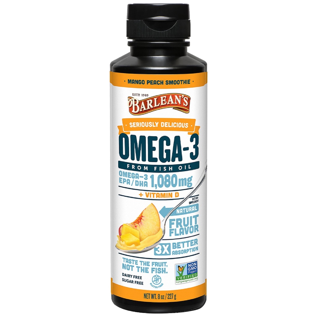 Integratore liquido dell'olio di pesce Omega 3 di Barlean con vitamina D per gli uomini e le donne, pesca di mango, 1080mg EPA e acido grasso DHA, 8 oz