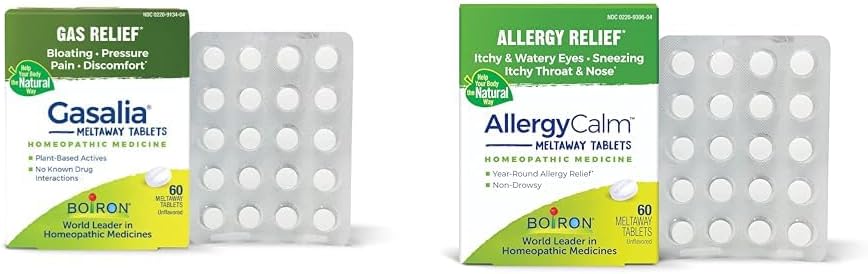 Boiron Gasalia Tablets 60 Contatore e AllergyCalm Tavole 60 Contatore per Rilievo da Gas, Bloating, Allergie e Hay Fever