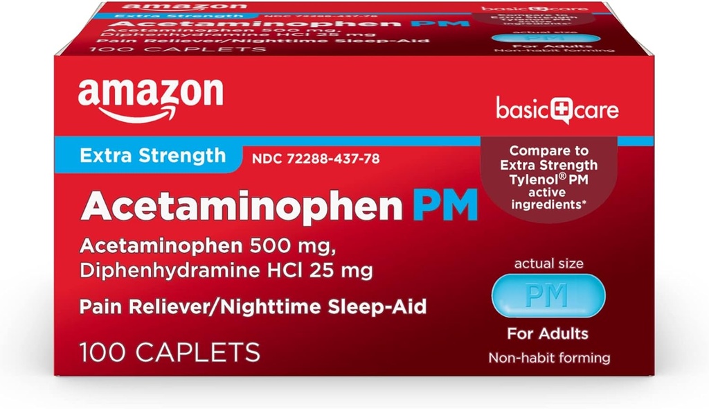 Prestazioni di base Acetaminophen PM Caplets, Dolore Reliever Plus Nighttime Sleep Aid, Extra Strength, Aiuta occasionali minori dolori, dolori e mal di testa, 100 conte, imballaggio può variare