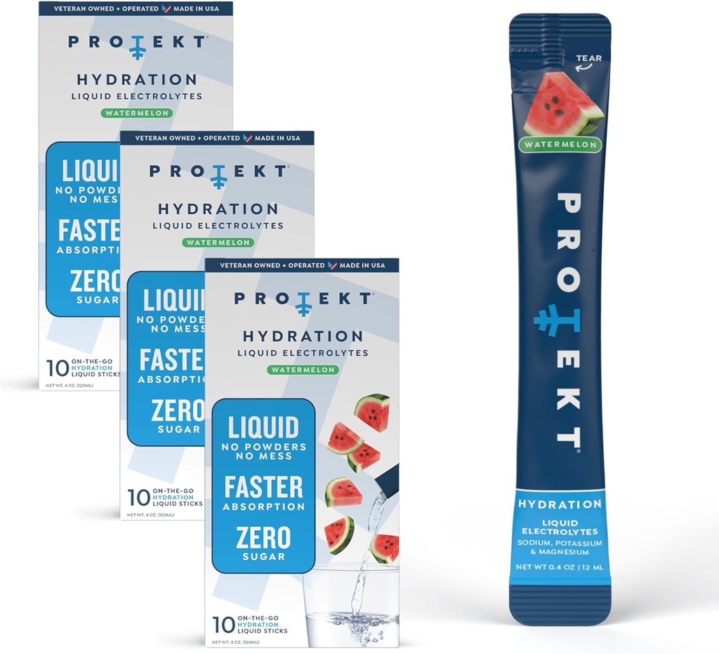PROTEKT Electrolyte Packets per il recupero e l'idratazione | Bevande di elettroliti organici e prive di zucchero | Funziona più velocemente della bevanda di polvere | Bevanda di idratazione liquido on-the-Go | Watermelon, 30 Pack