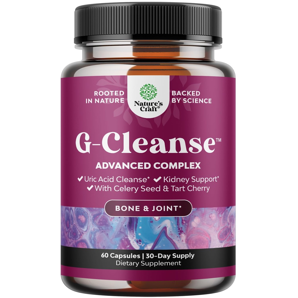 Natures Craft G-Cleanse Uric Acid Supplemento - Uric Acid Cleanse for Joint & Kidney Support - Detergente per reni con Chanca Piedra, Estratto di ciliegia di Tart, Capsule di Estratto di semi di Celery - 60 Conte