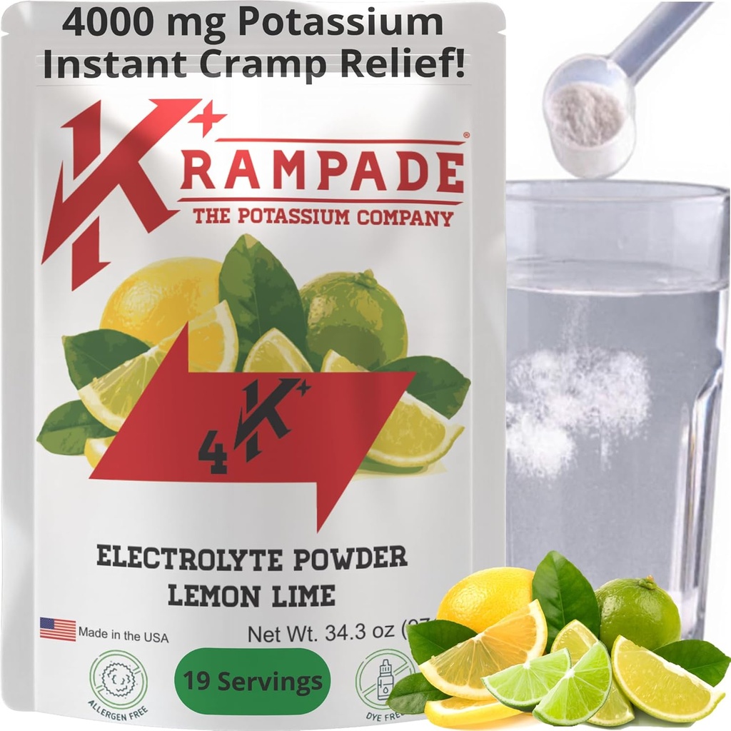 Krampade Original Lime Lime 4K, 4000 mg Potassium Instant Cramp Relief Electrolyte Drink Powder | Progettato per Atleti e Crampers