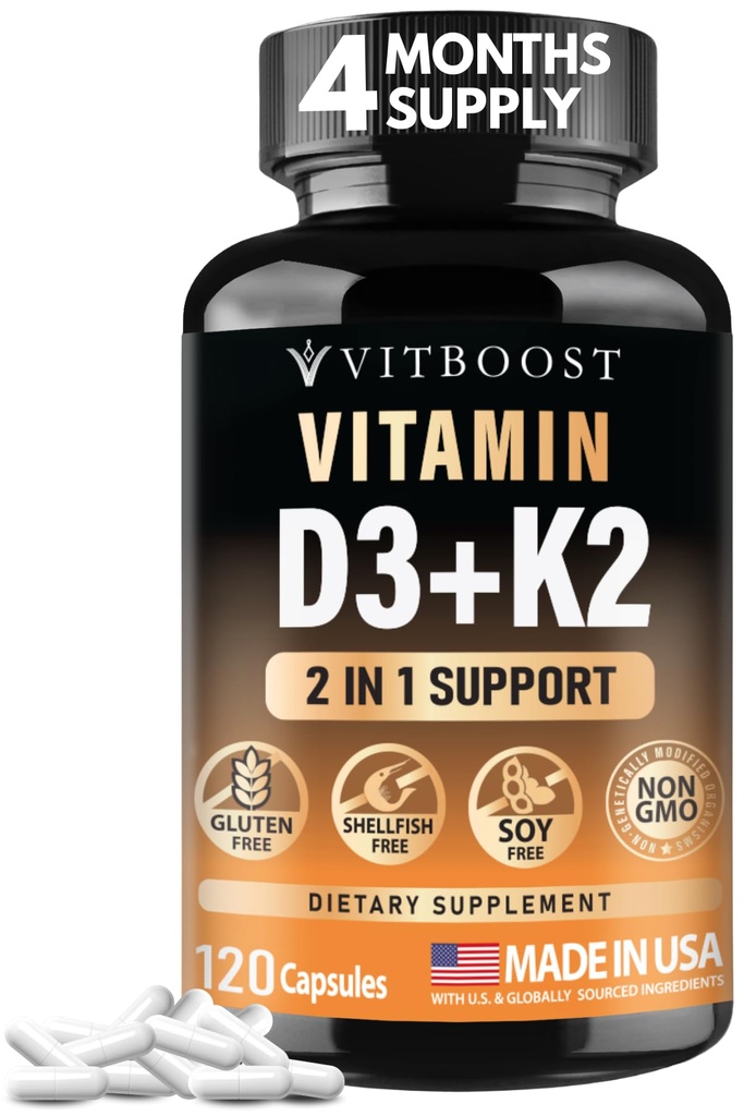 VITBOOST Vitamina D3 K2 Complex - Facile da ingoiare - Vitamina D (D3) 5000 IU (125 mcg) & K2(MK-7) 90 mcg | Non-GMO | Gluten-Free | USA Made | 120 Capsule