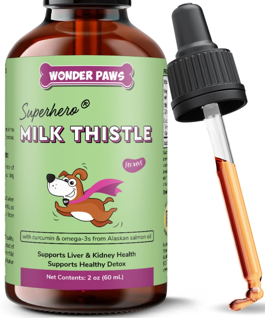 Wonder Paws Milk Thistle, Supporto per i cani, Supporta il rene Funzione per gli animali domestici, Detox, Supporto epatico, con Wild Alaskan Salmon Oil & Curcumin, Omega 3 EPA & DHA (2 Oz)