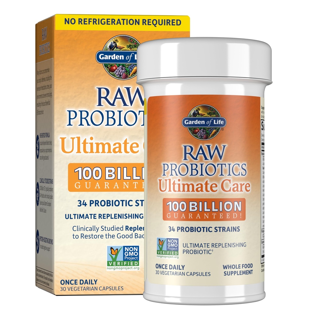 Probiotici Raw Garden of Life per donne e uomini con enzimi digestivi, 100 miliardi di CFU, Strains clinicamente studiati, Shelf Stable, 30 capsule