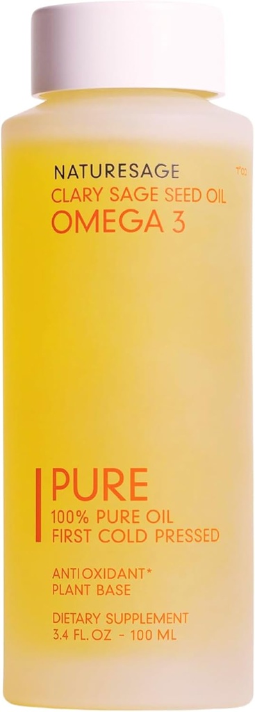 Pure Vegan Liquid Omega 3 olio, pianta-basato alternativa a Omega 3 Fish Oil, 3.4 fl. oz. – Pressato a freddo da Clary Sage Seed – Kosher - Omega 3 Fatty Acid Supplement con antiossidanti