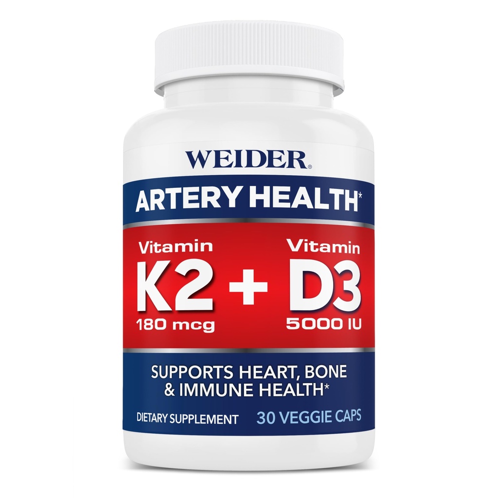 Weider Artery Health for Heart, Immune and Bone Support with Vitamin K2 (180mcg) & Vitamin D3 (5000iu), 30 capsule vegetali
