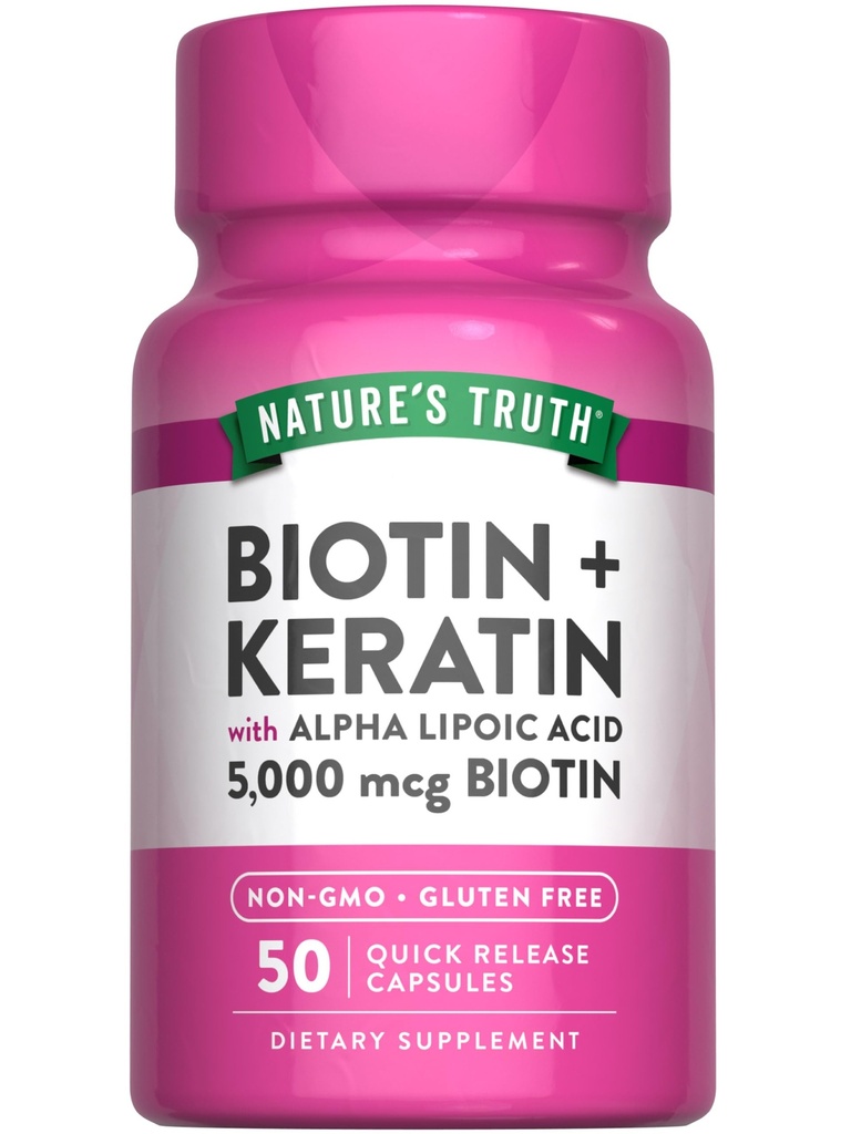 La verità della natura Biotin 5000 mcg | 50 capsule | con Keratin e Alpha Lipoic Acid | Non-GMO & Gluten Supplemento gratuito