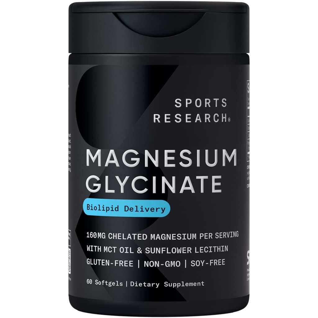 Sport Research® Magnesium Glycinate - Supporta il sonno riposante e processi enzimatici - 160 mg Magnesio Chelato - Liquid Softgel - 60 Conte
