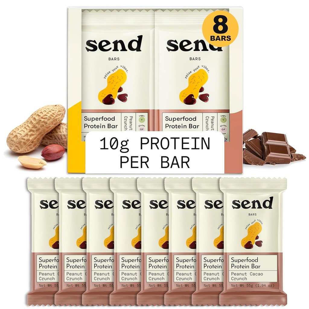 Barre vegetali Vegan Healthy Protein Bars, Con Greens (Peanut Cacao Crunch, 8 Bars) – Solo ingredienti reali, Zero Aggiunto Zucchero, senza glutine, senza latticini