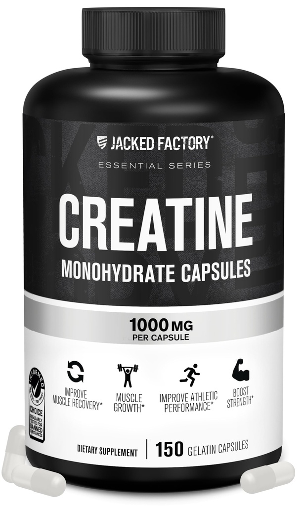 Jacked Factory Creatine Monoidrato capsule - Pillole di creatina per la crescita del muscolo, aumento della resistenza, aumento dell'energia di uscita e miglioramento delle prestazioni atletiche - 150 capsule
