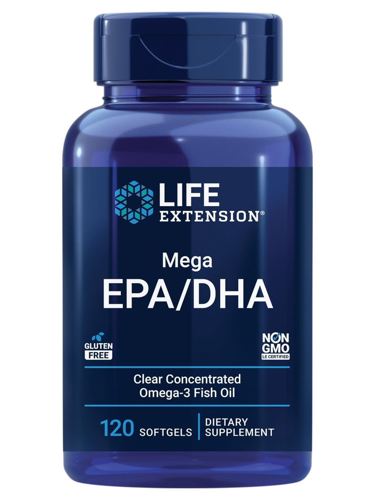 Estensione della vita Mega EPA/DHA, omega-3 acidi grassi, salute del cuore e del cervello, non OGM, senza glutine, 120 softgels