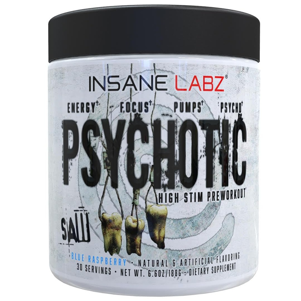 Insane Labz Psychotic SAW, Polvere pre allenamento ad alto livello con OxyGold-TM e AMPiberry®,Extreme Lasting Energy con Teacrine®,Focus con CognitIQ® e Endurance (30 Servings (Pack of 1), Blue Raspberry)