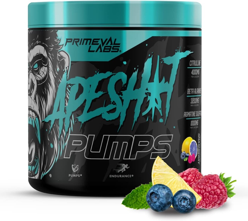Primeval Labs Ape Pompe PreWorkout Polvere per uomini e donne 40 Serving, Smashberry | Caffeina Free | Nitric Oxide Pump Pre Workout Energy Drink, Intense Pumps, Forza, Beta Alanine, L Citrulline