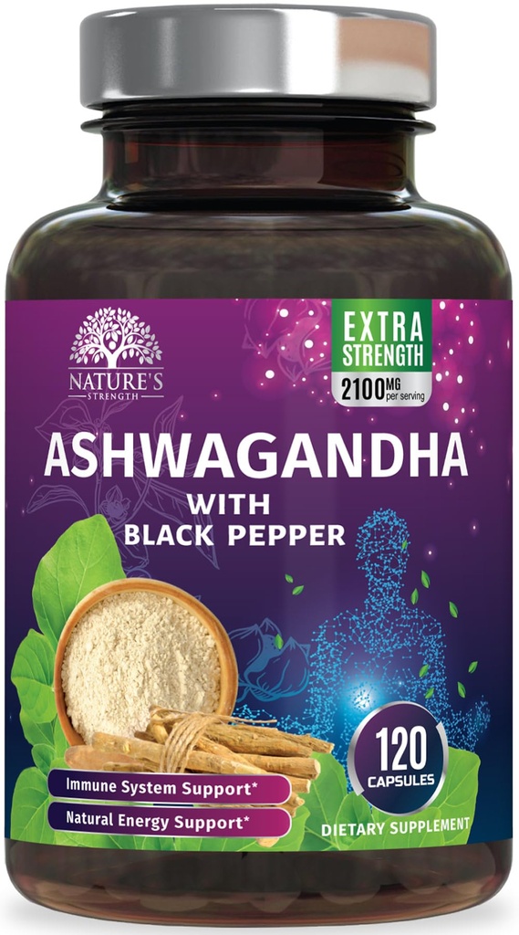 Ashwagandha Supplementi 2100mg - Polvere di Ashwagandha ad alta resistenza e estratto di radice con pepe nero per l'assorbimento massimo, integratori di antiossidante a base di erbe per le donne e gli uomini, Vegan, non OGM - 120 capsule