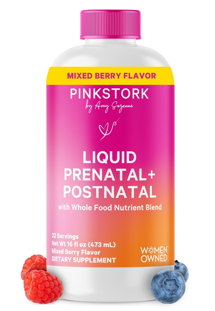 Vitamine Prenatali Liquide di Cicogna Rosa per Donne - Sapore di Berry - Miscela di Cibo Organica - Fertilità, Gravidanza, Postpartum Essentials - Sostegno di Malattia Mattina - L'allattamento - 32 Serve