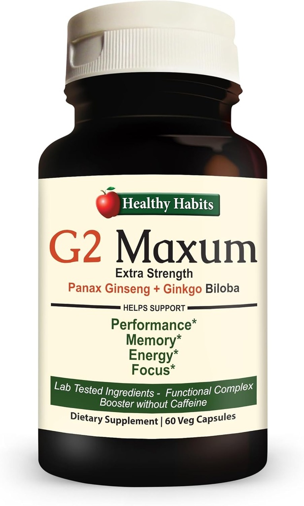 G2 Maxum Extra Strength Panax Ginseng Plus Ginkgo Biloba Blended to Support Energy and Cognitive Function 60 Veg Capsules per Bottiglia