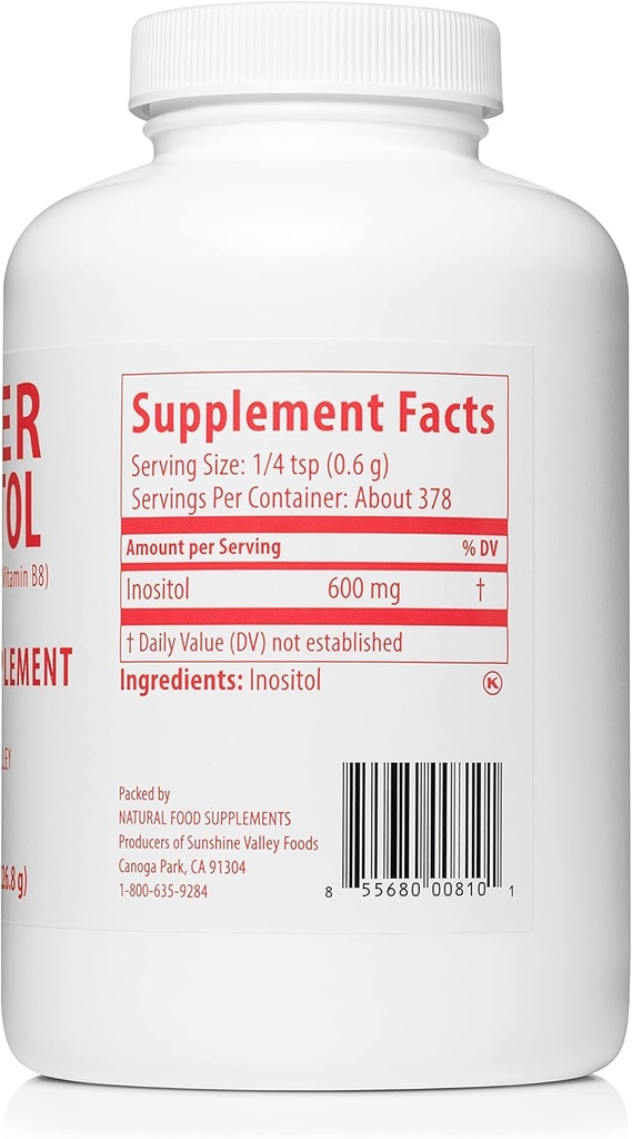 Sunshine Valley® Super Inositol, Vitamina B8 in polvere Supplemento dietetico, Integratore di fertilità naturale e PCOS, Equilibrio ormonale & Supporto di funzione ovarica sana - 16 oz