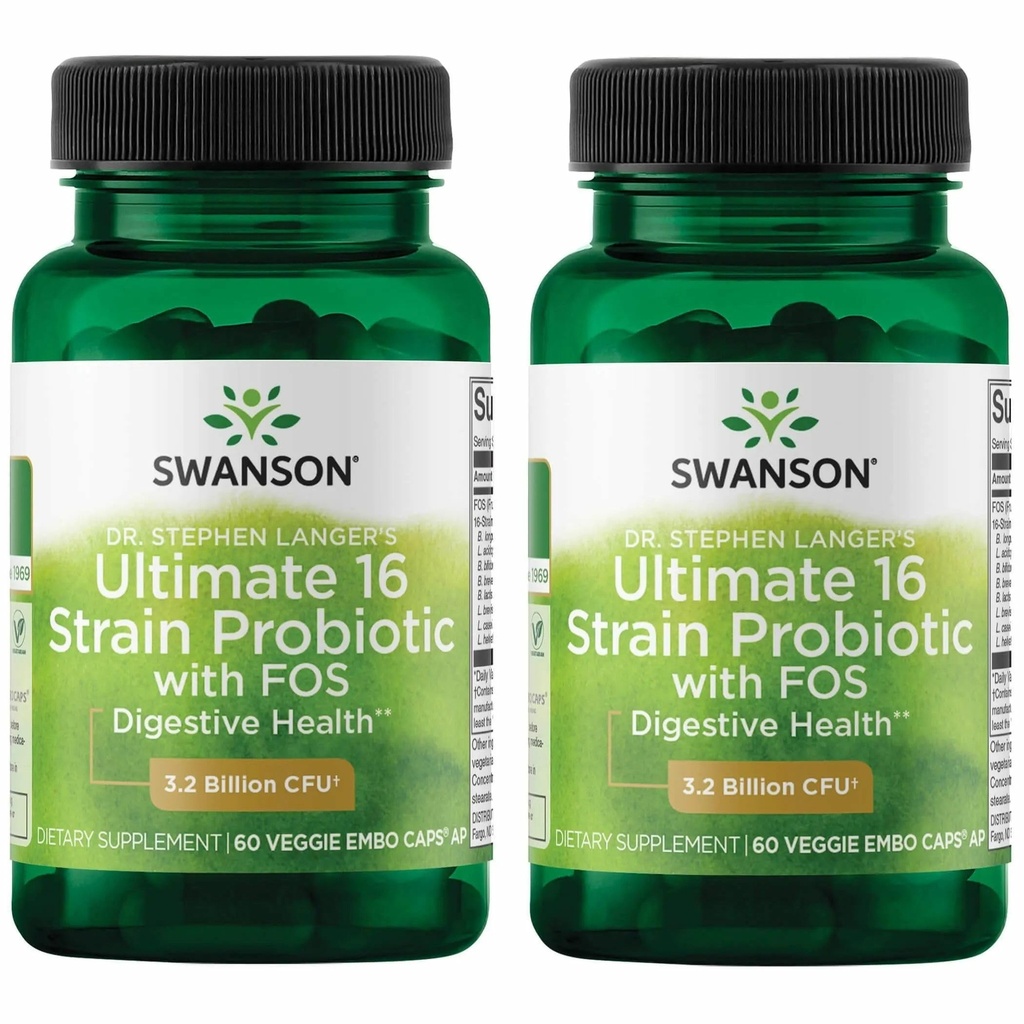 Swanson Dr. Stephen Langer's Formula - Probiotico naturale w/Prebiotico FOS - Supplemento 16-Strain Promuovere il supporto digestivo w/ 3.2 miliardi di CFU per capsula - (60 capsule di verdure) 2 Pack