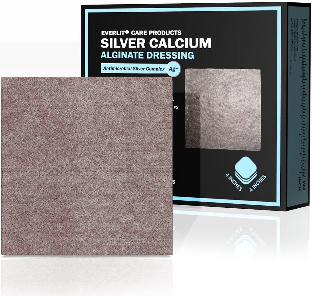 EVERLIT AG Silver Calcium Alginate Wound Dressing | Absorbent Non-Stick Sterile Dressing Pad | Gentle Hemostatic Gauze with Natural Gelling Fiber for Wound Care (4" x 4" | Confezione da 10)
