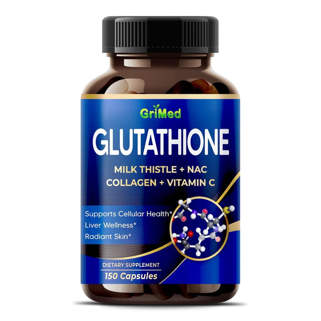 GriMed Glutathione 11.200mg - X10 Power with Milk Thistle, NAC, Collagen, Vitamina C - Cellular Wellness, Radiant Skin - USA Made & Tested (150 Count (Pack of 1))