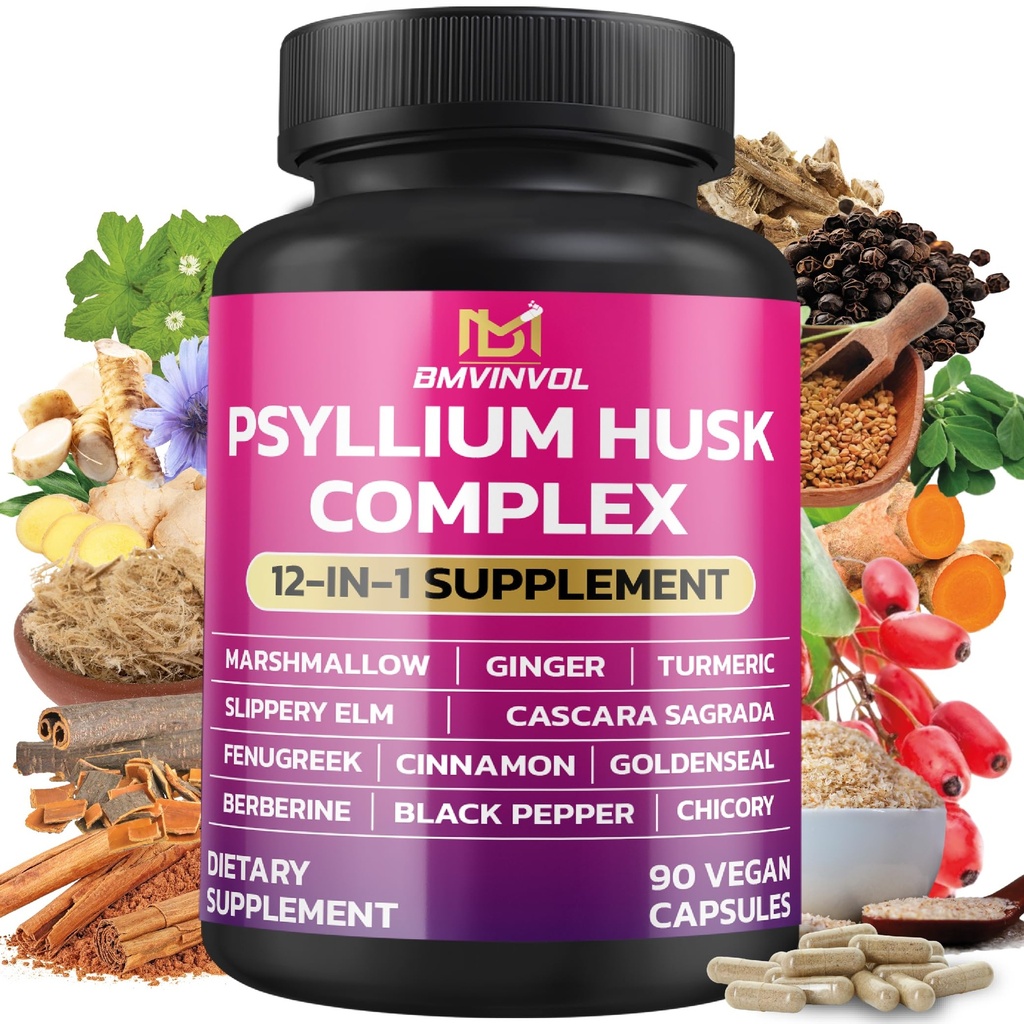 BMVINVOL Psyllium Husk, Slippery Elm, Cascara Sagrada, Fenugreek, Berberine, Cinnamon, Turmeric + 5 Mores - Supporto immunitario e supplemento di salute digestiva - 90 capsule