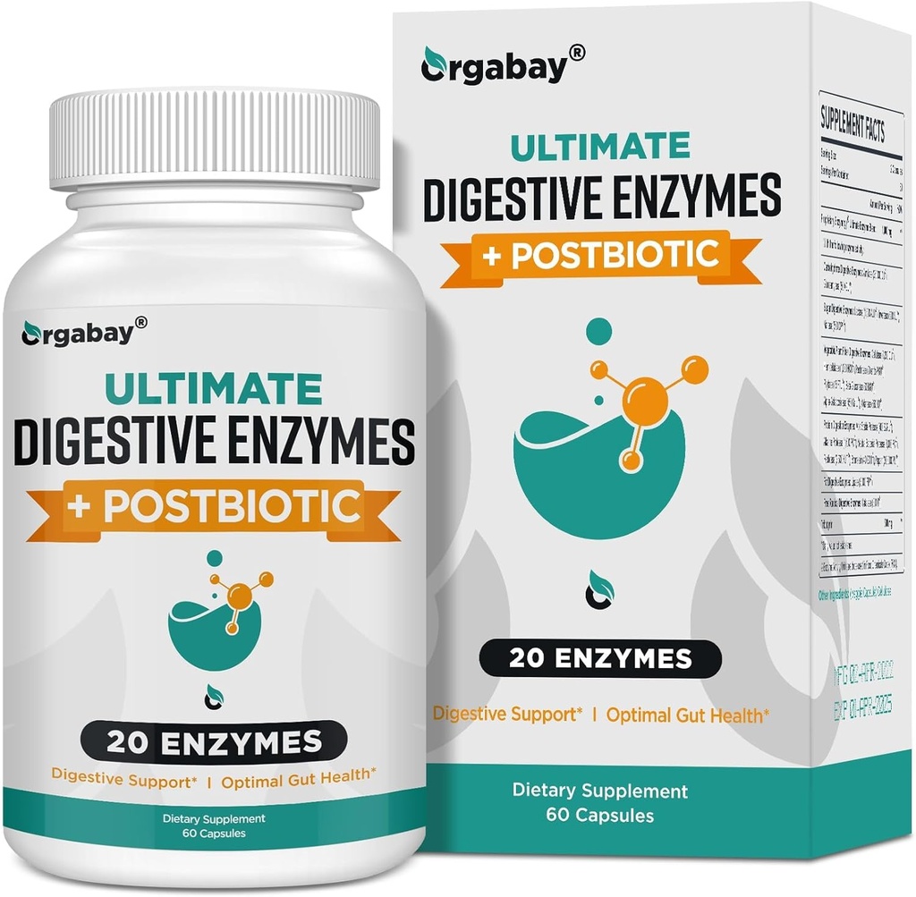 Gli enzimi digestivi di Orgabay 1000mg con i postbiotici, 20 miscela di enzimi per Bloating, digestione ottimale e funzione del fegato, 60 capsule di verdure
