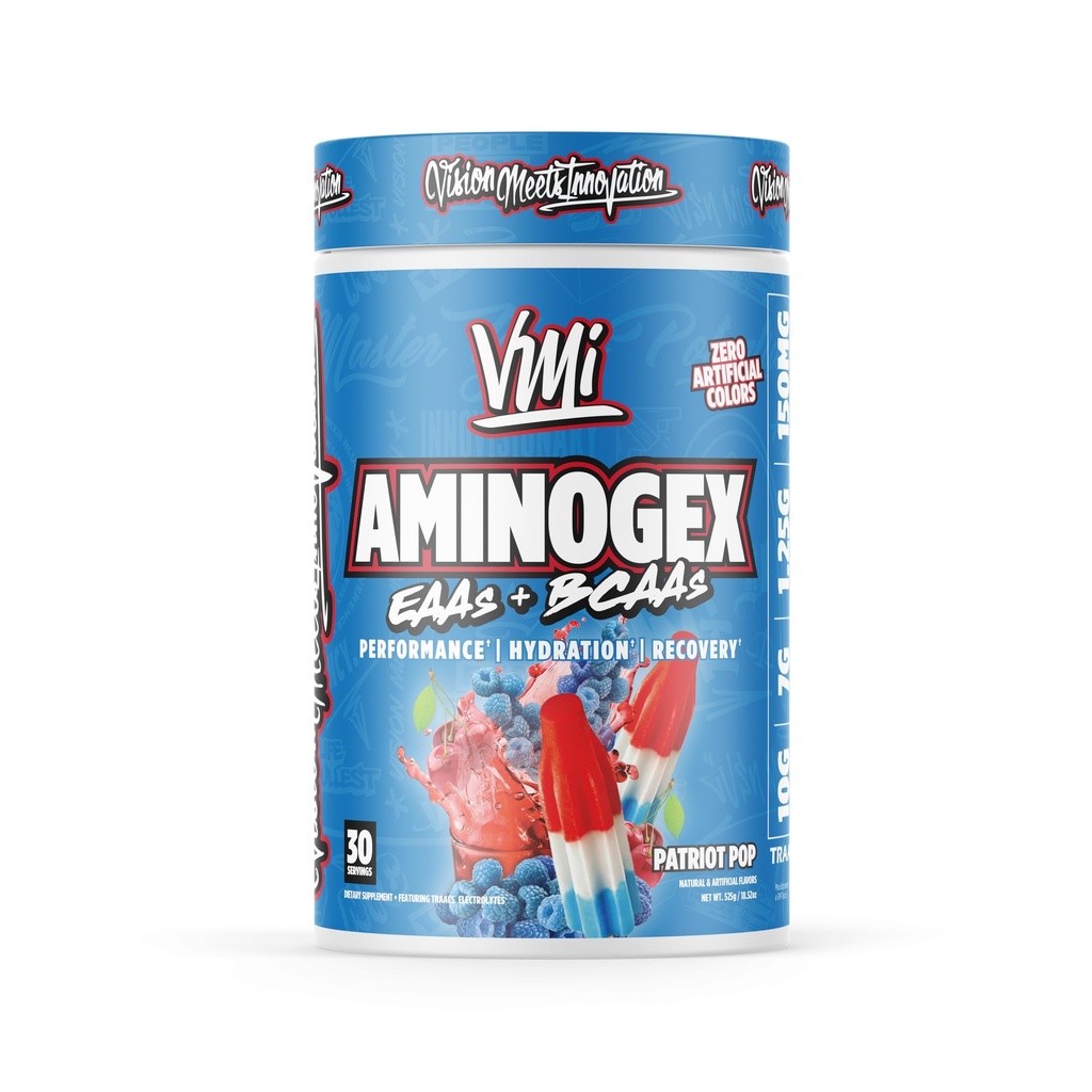 VMI Sports Aminogex Ultra | Polvere BCAA | Aminoacidi + Betaina e Glutamina | Aminoacido Post Workout Recovery Drink | Intra Workout Drink with Electrolytes | (30 Serve) (Patriot Pop)