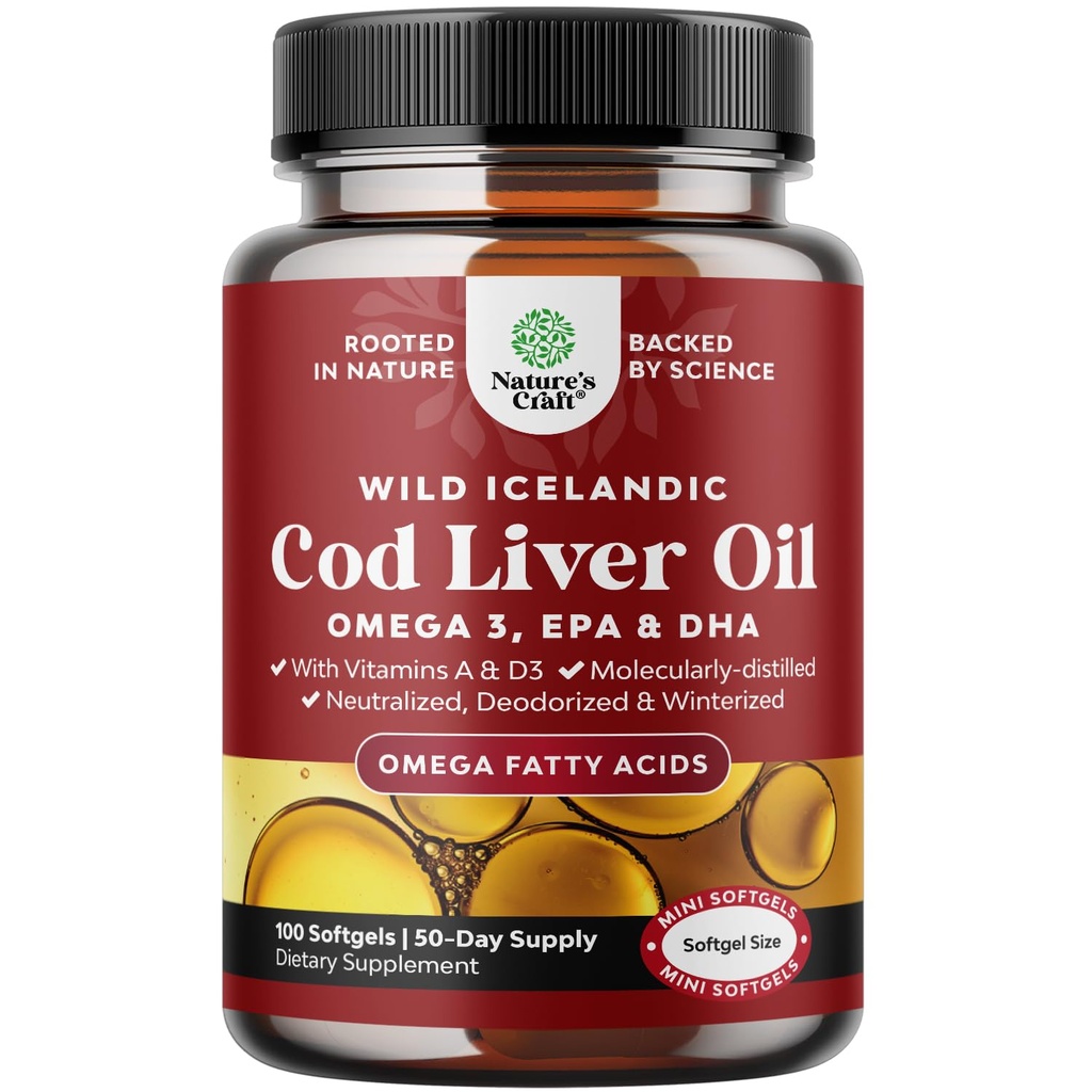 Softgels di olio di fegato di colata selvatica islandese - Pesce Omega 3, EPA, DHA, Vitamina D & A, 1000mg Per Serving - Capsule Burpless per il cuore, Joint, Brain & Supporto immunitario - 100 Count
