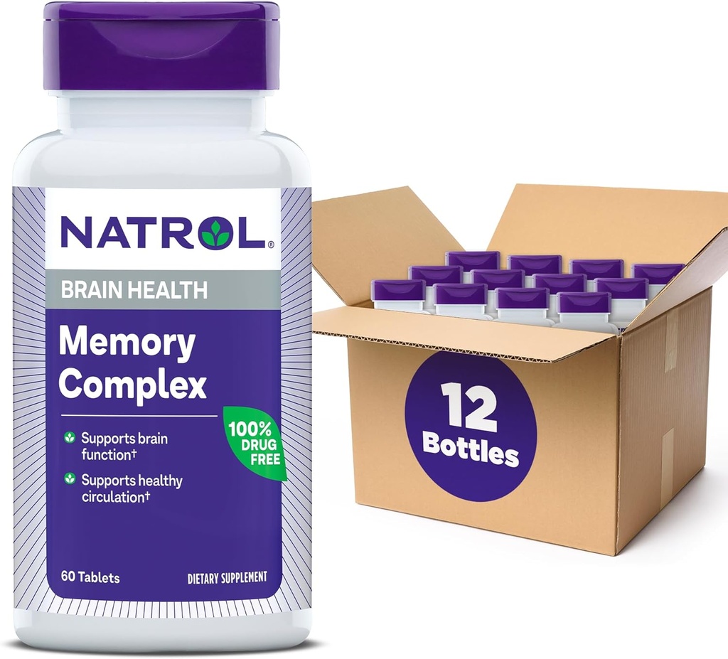 Natrol Memory Complex con Ginkgo Biloba 120mg e B Vitamine, Integratore alimentare per la salute del cervello e supporto della memoria, 60 compresse, 30 giorni di alimentazione (Pack of 12)