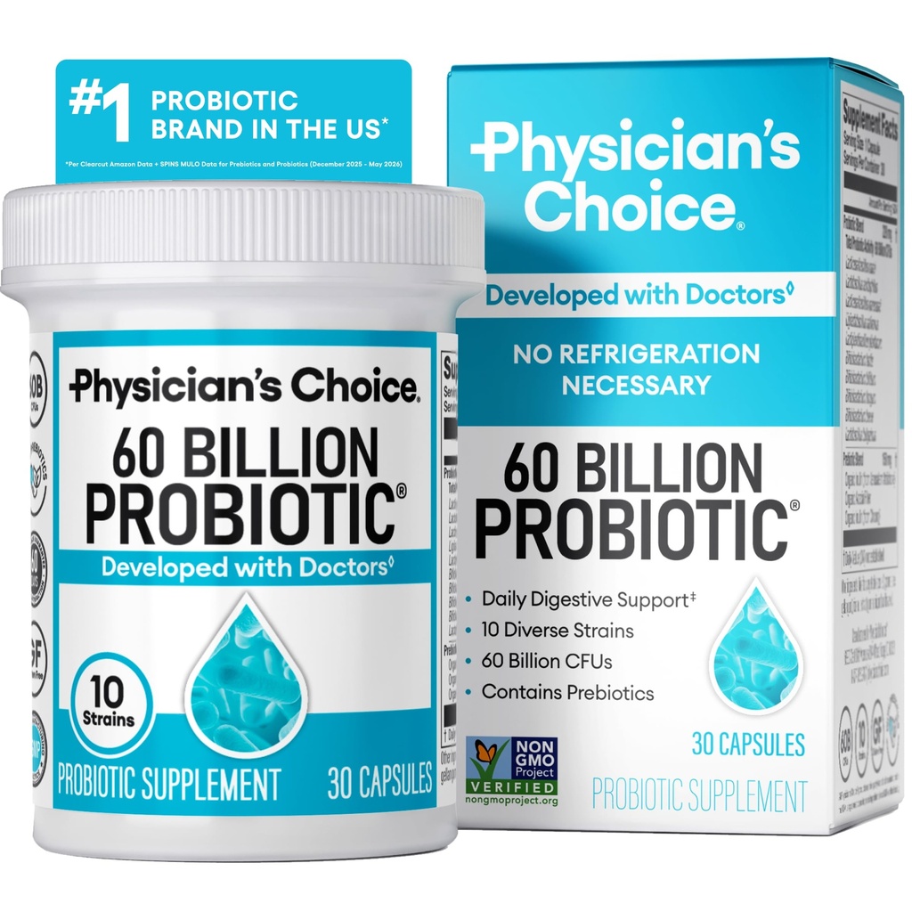Scelta del medico Probiotici 60 miliardi di CFU - 10 Strains + Prebiotici Organici - Immune, Digestivo & Salute Gut - Supporta costipazione occasionale, Diarrea, Gas & Bloating - per le donne & uomini - 30ct