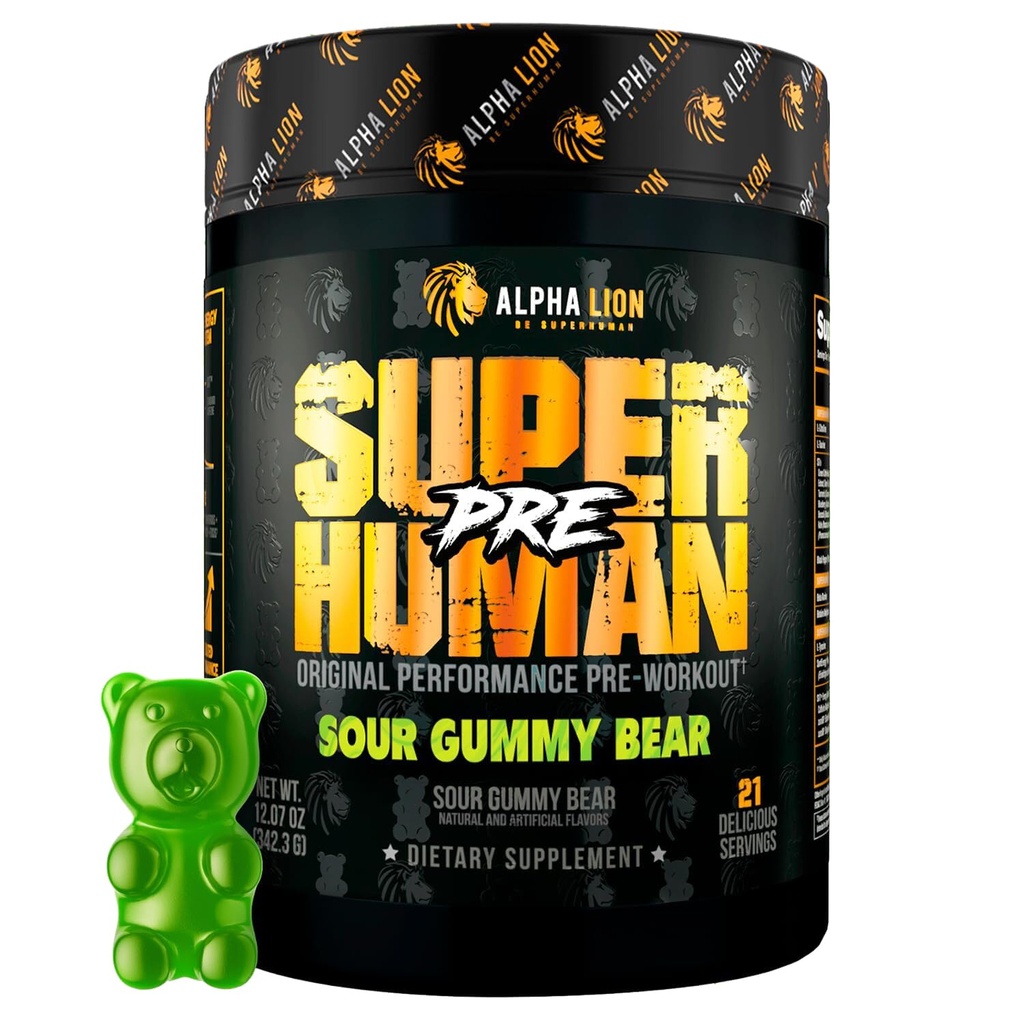 ALPHA LION Superhuman Pre Workout Powder, Beta Alanine, L-Taurine & Tri-Source Caffeina per energia e messa a fuoco, Nitric Oxide & Citrulline per pompa (21 Serve, Sour Gummy Bear Flavor)