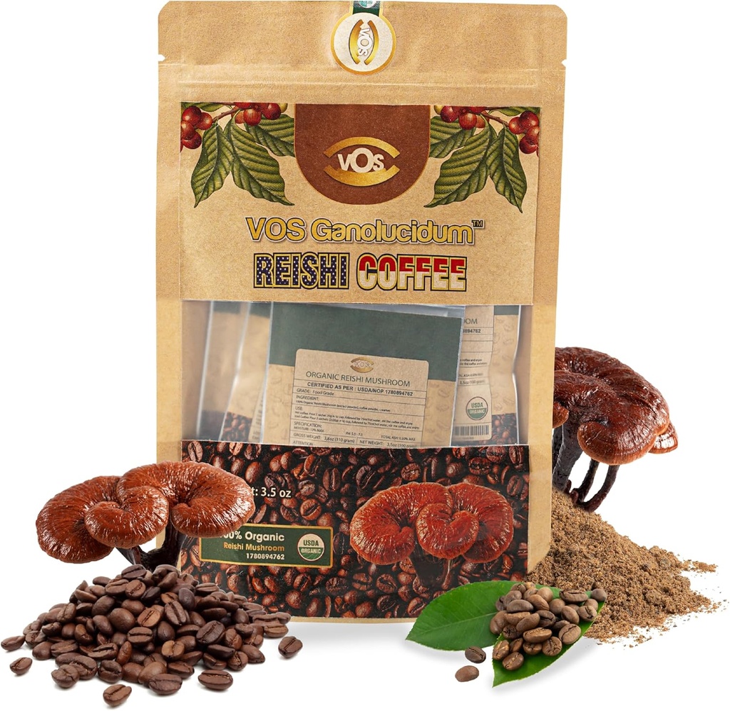 VOS GANOLUCIDUM - 100% Organic Reishi Coffee, 2 in 1 Reishi Mushroom con Caffè, 5 Sachets, Grande Degustazione, Integratore di funghi, Supporto per l'energia e l'immunità Supplemento (0.7 oz ciascuno)