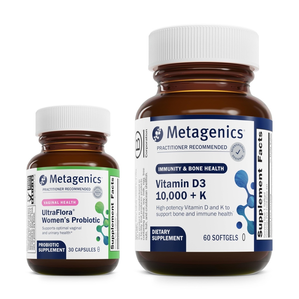 Vitamina D3 10.000 + K (60 Softgels) & UltraFlora Probiotico femminile completo (30 capsule) - Immune, Bone & Heart Health Support - Aids Salute Digestiva