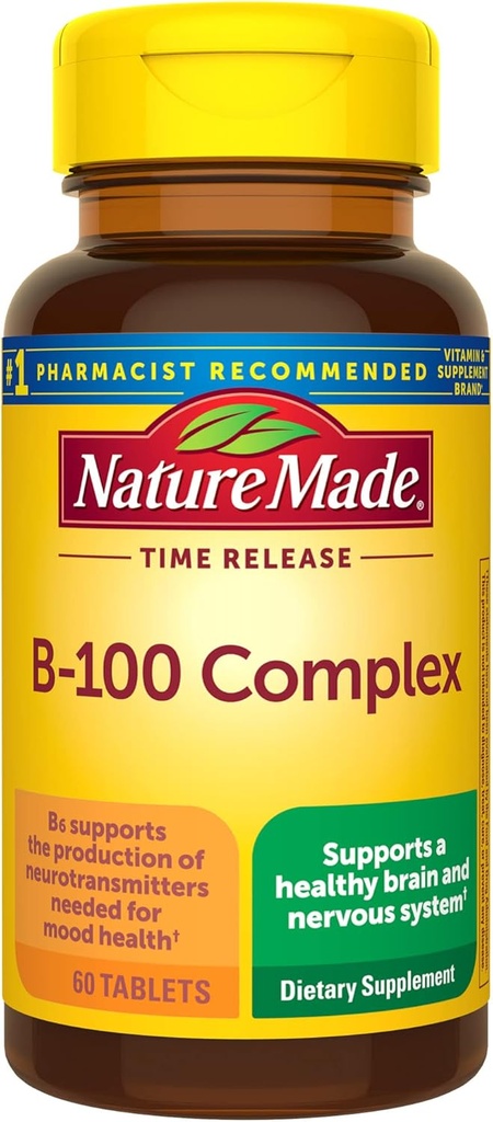 Complesso B ad alta potenza di vitamina B-100, supplemento dietetico per il supporto della funzione del sistema nervoso, 60 compresse di rilascio del tempo, alimentazione di 60 giorni