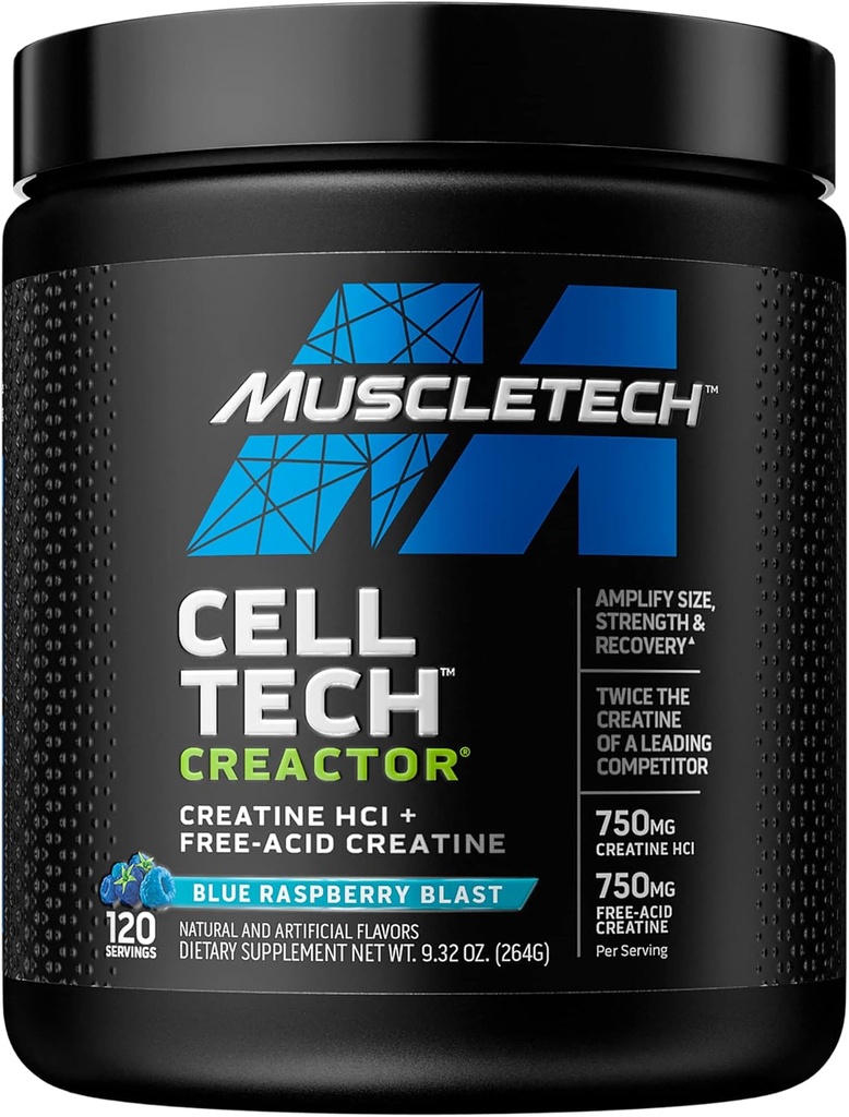 Creatina polvere | MuscleTech Cell-Tech Creactor | Creatina HCl Formula | Muscle Builder per uomini e donne | Creatina HCl + Free-Acid Creatine | Integratori di creatina | Blue Raspberry Blast, 120 Servings