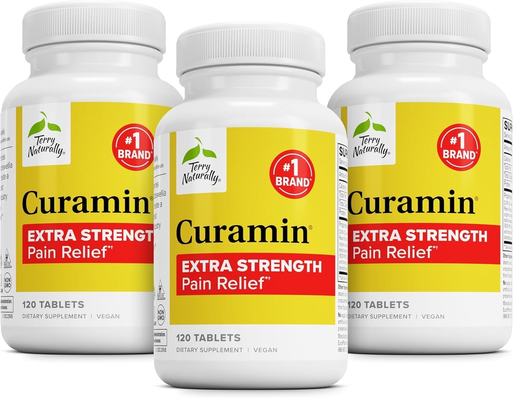 Terry Naturally Curamin Extra Strength - Curcumin & Boswellia per il supporto della circolazione sana - Supplemento currico ai giunti di sostegno, salute del muscolo & produzione di Endorphin - 120 compresse (Pack of 3)