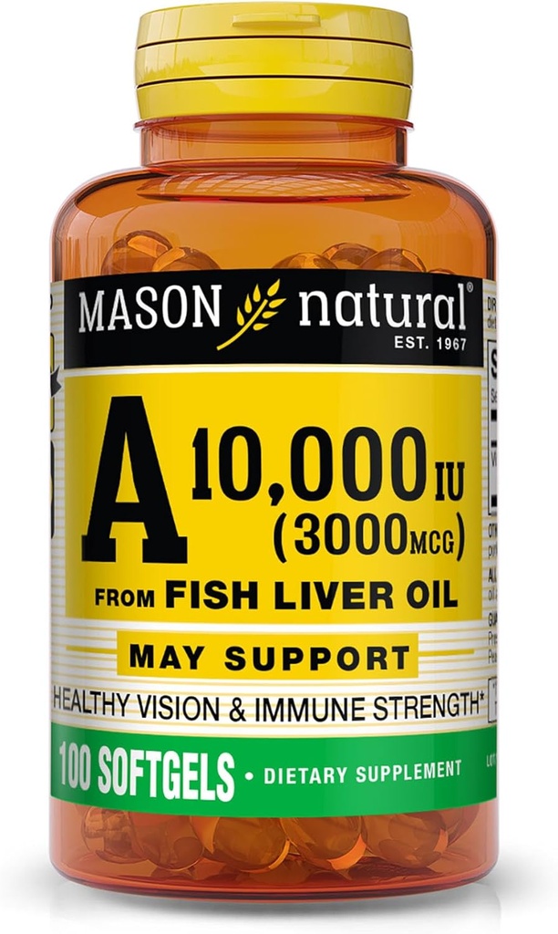 MASON NATURAL Vitamina A 3.000 mcg (10.000 UI) da Fish Liver Oil, Supporta Vision & Immune Health, 100 Softgels