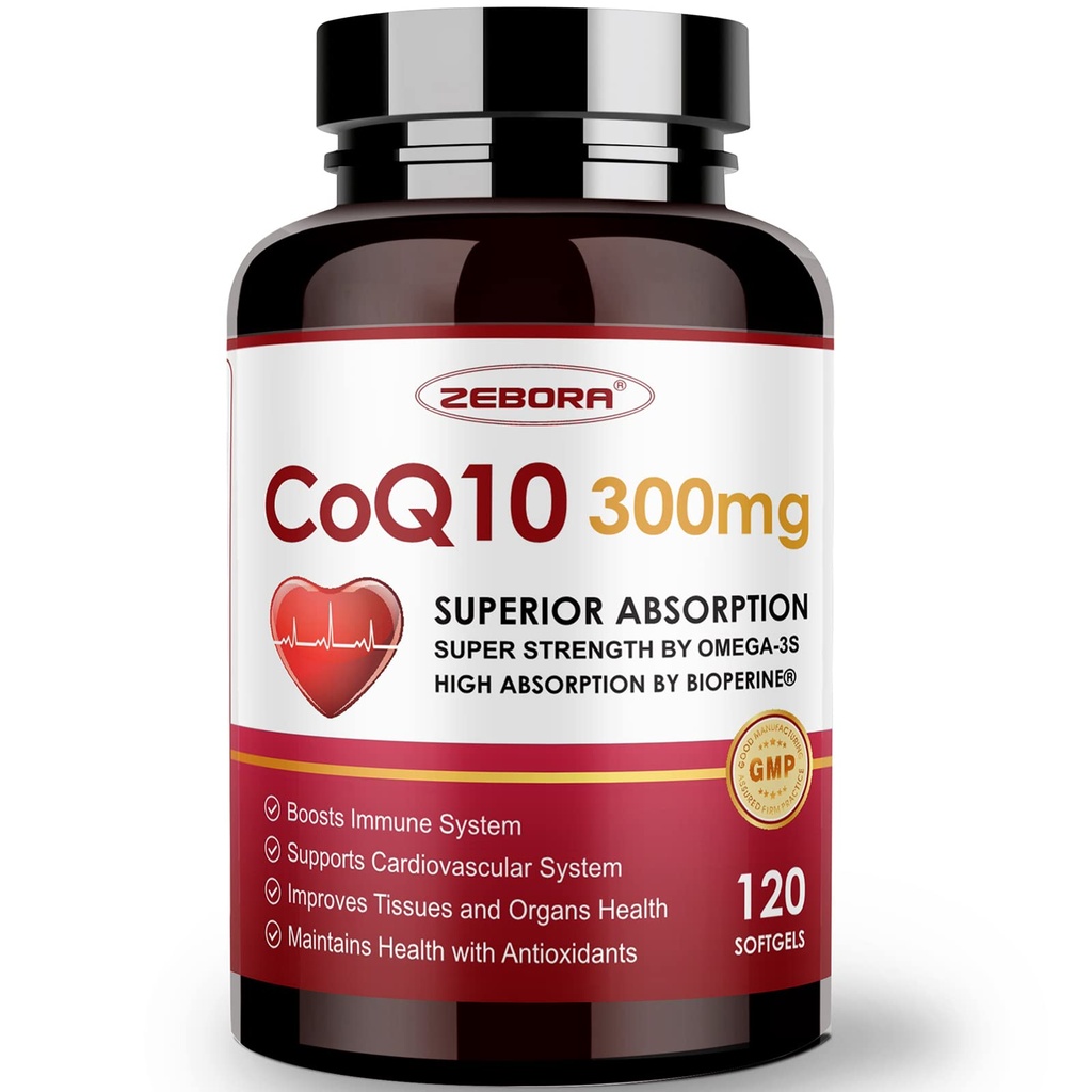 ZEBORA CoQ10-300mg-Softgels con PQQ, BioPerine & Omega-3, 120 Serve Coenzima Q10 (Ubiquinone) Supplemento per l'assorbimento elevato, potente-antiossidante, Support Heart-Health & Energy-Production