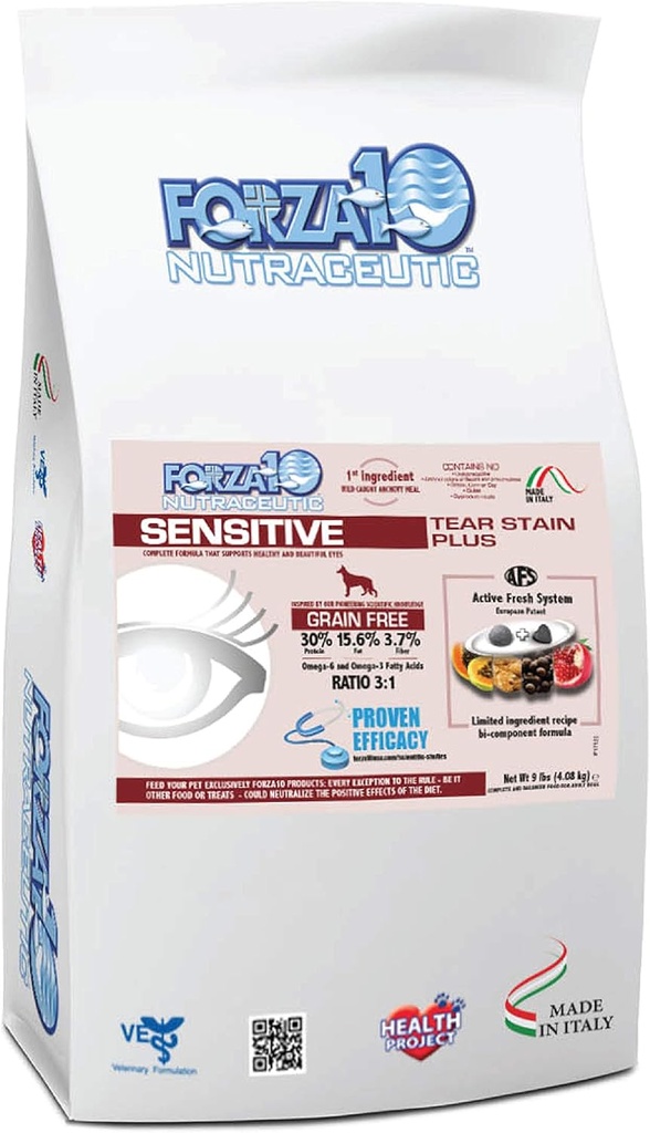 Forza10 Sensitive Tear Grain Grain Free Dry Dog Food, Alimentazione sana del cane asciutto formulato per ridurre il cane Tear Stain, Dog Eye Care e Tear Stain Remover (9 Pounds)