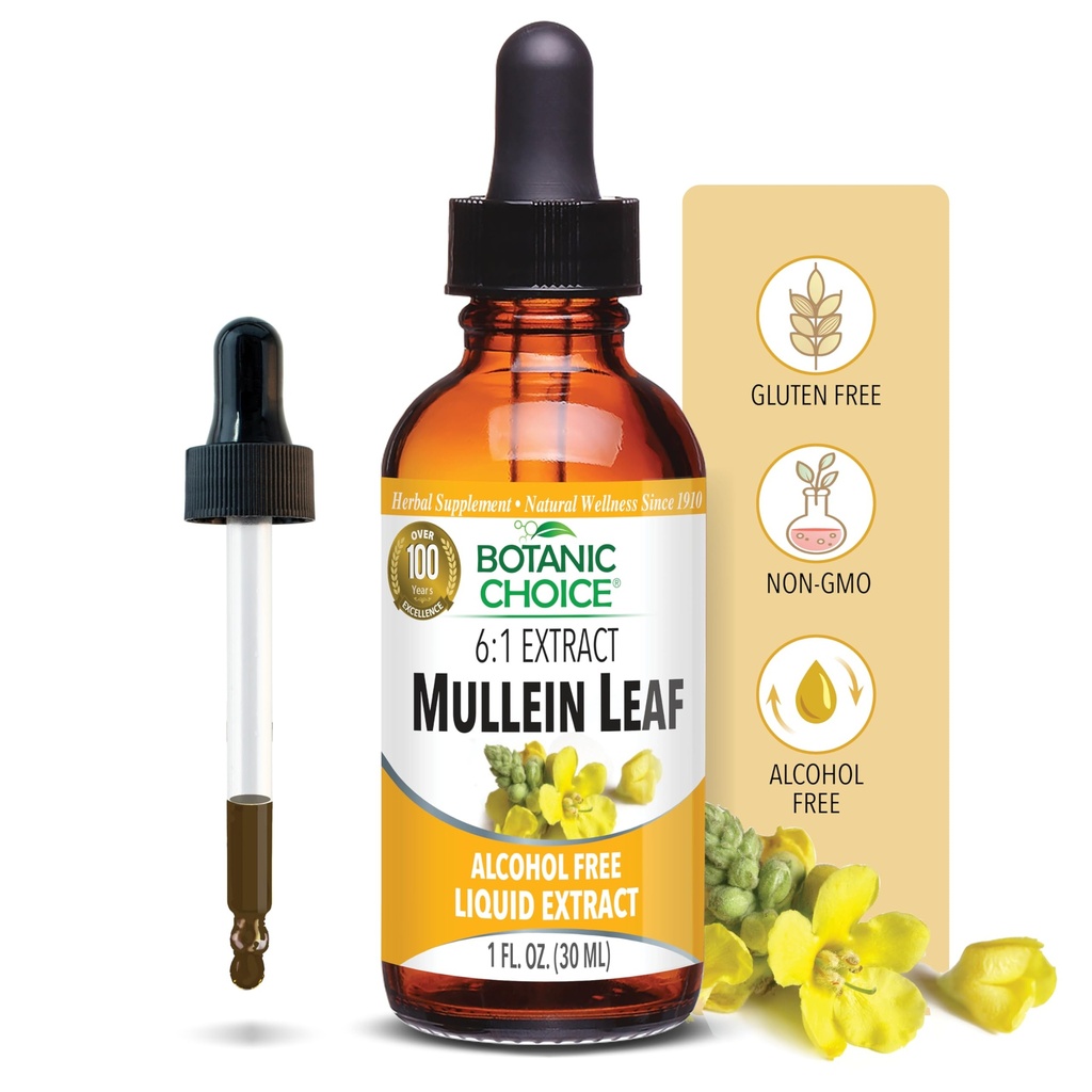 Botanic Choice Mullein Leaf Liquid Extract, Alcol Free, Gluten Free, Tradizionale supporto respiratorio 1 Fl. Oz.