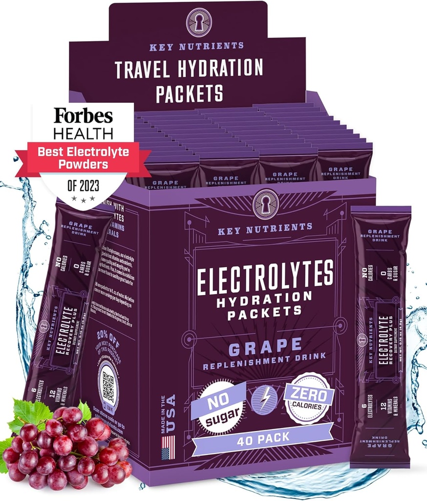 KEY NUTRIENTs Electrolytes Powder Packets - Fruity Grape 40 Pack Hydration Packets - Polvere di idratazione di viaggio - No Sugar, No Calories, Gluten Free - Made in USA