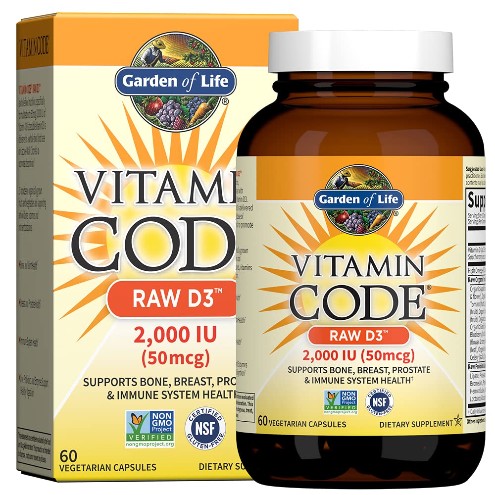 Giardino della vita Vitamina D, Vitamina D3, Vitamina D 2000 IU, Alimenti integrali crudi D3 Integratori con clorella, frutta, verdura e probiotici per la salute biologica e immunitaria, 60 capsule vegetariane