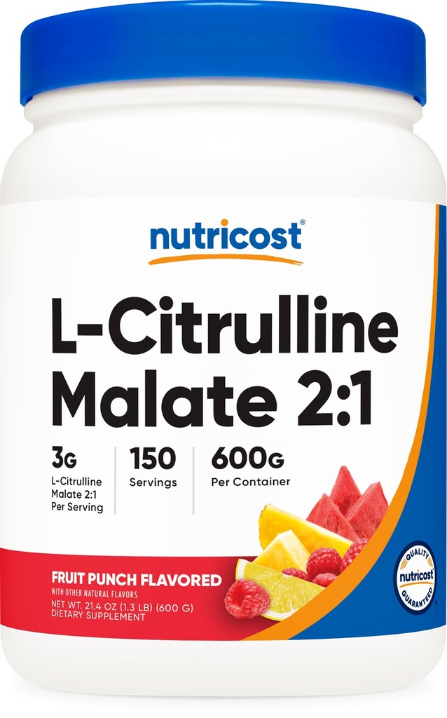 Nutricost L-Citrulline Malate 2:1 (600g) Fruit Punch - Supporto di allenamento, Prestazioni muscolari, Nitric Oxide Booster - Polvere di supplemento di forma fisica, 75 Servings