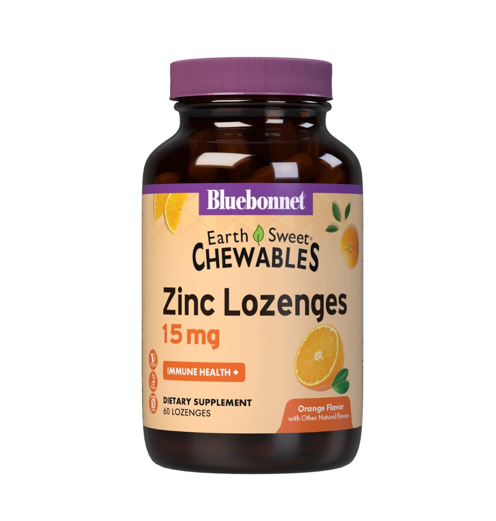 Bluebonnet Nutrition Earthsweet Zinc Lozenges 15mg Chewables, Plus 100mg di vitamina C, Soy-Free, Gluten-Free, Kosher Certified, Dairy-Free, Vegan, Arancia aromatizzata, 60 Lozenges