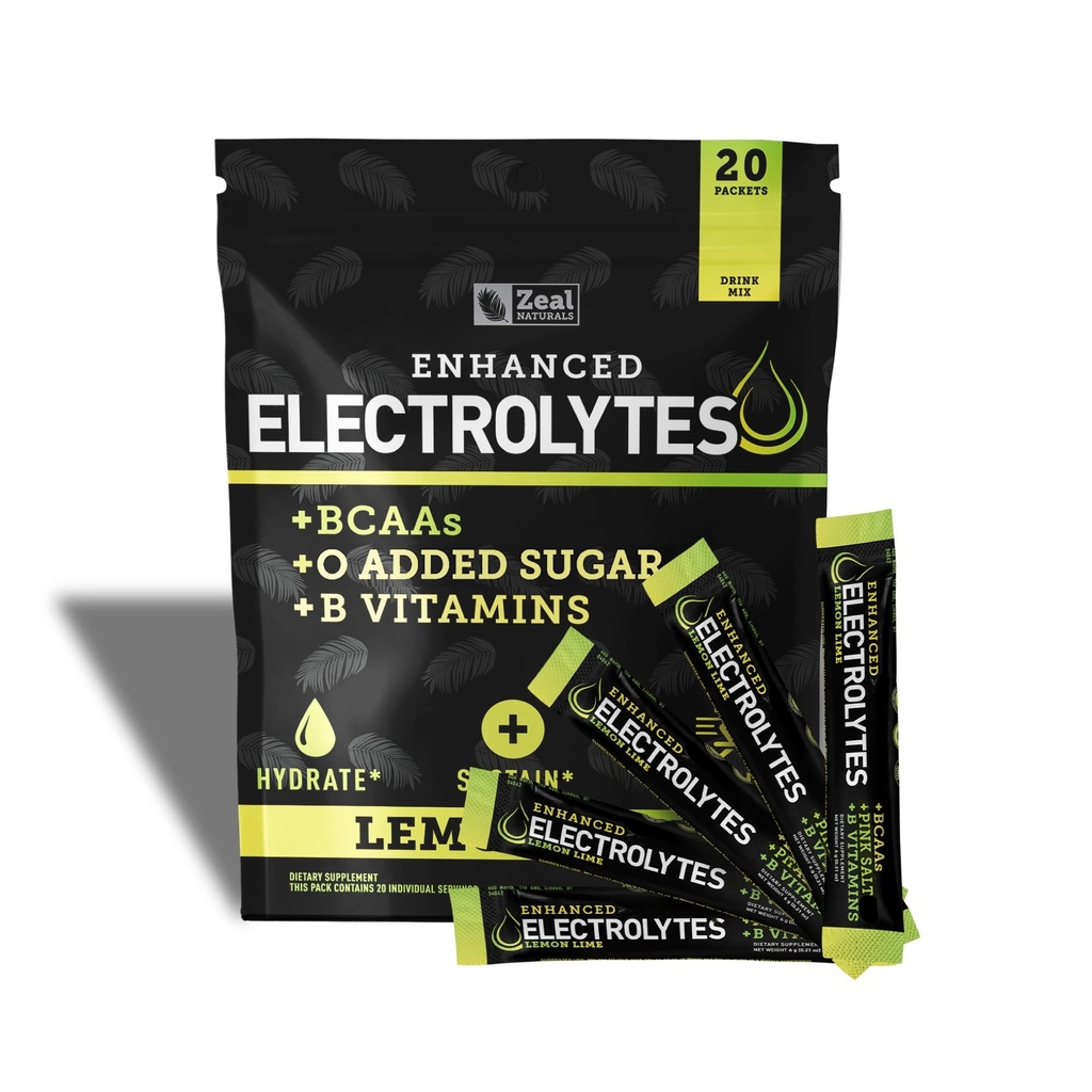 Pacchetti di bacchette di elettrolito potenziati (Lime di lemone | 20 pacchetti) w/ 0 Zucchero +BCAAs +B-Vitamins Integratore elettrolitico w Potassium Zinc & Magnesio per l'idratazione - Keto Electrolytes