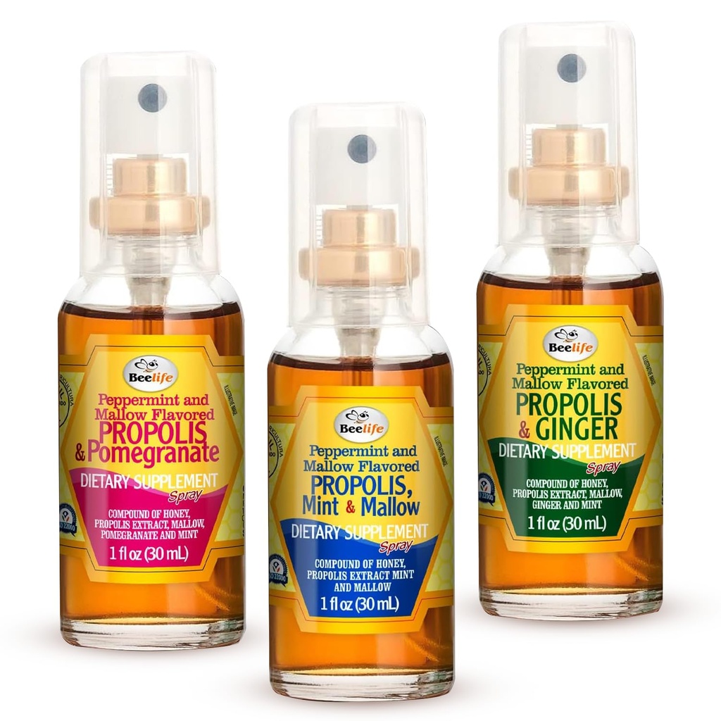 Beelife Propolis Throat Spray – Bee Propolis Spray per il supporto Immune Naturale & Sore Throat Relief – Ricco di Antiossidanti, Flavonoidi & Artepillin C, Nessun zucchero, senza glutine -3-Pack, 90ml (Assorted)