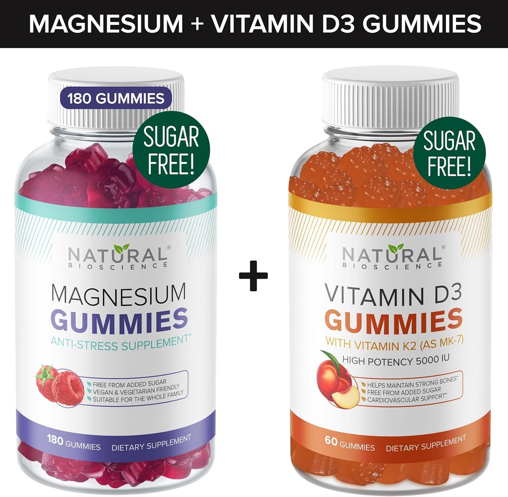 Gummie di Magnesio senza zucchero (180 Gummies) & Zucchero-Free Vitamin D Gummies (60 Gummies) – Supporto immunitario & Rilassamento Valore Bundle, Gelatin-Free, Gluten-Free, Vegetariano, Tutto Naturale, OGM-Free, Kosher